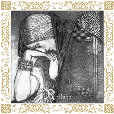 Desenho a lápis de mulher com xale e pulseiras, texto Rashika e moldura dourada decorativa