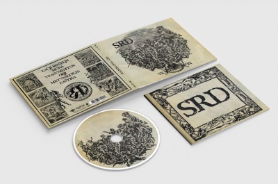 Conjunto de CD com embalagem ilustrada em papel cartão de cor creme e texto 'SRD' e 'Guitarras'