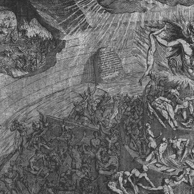 Gravura em preto e branco com figuras humanas e efeitos de luz intensa