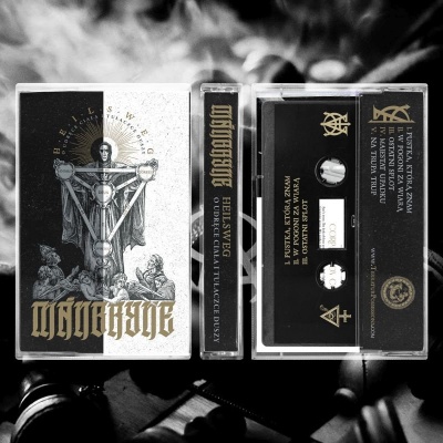 Fita cassete preta com texto dourado e branco e caixa ilustrada em preto, branco e dourado