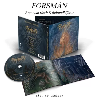 CD digipak da banda Forsmán Brenndar rústir & fuðrandi fjörur com arte de capa colorida e livreto aberto.
