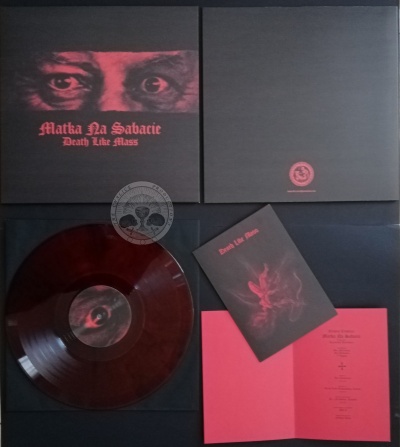 Caixa de álbum de vinil preta com disco castanho transparente e livreto com encarte rosa