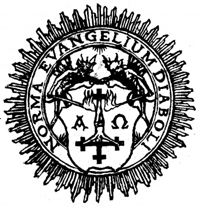 Símbolo preto e branco com escudo, criaturas aladas, cruzes, texto NORMA EVANGELIUM DIABOLI e raios ao redor