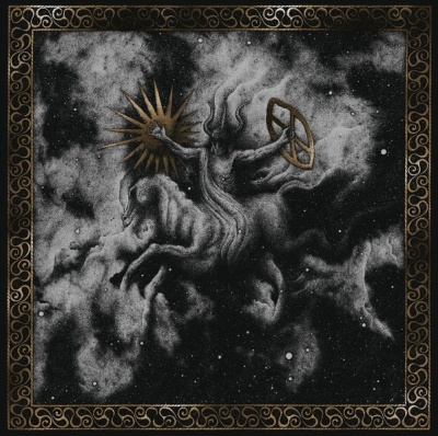 Ilustração mitológica em preto, branco e dourado com figura meio cavalo e borda decorativa