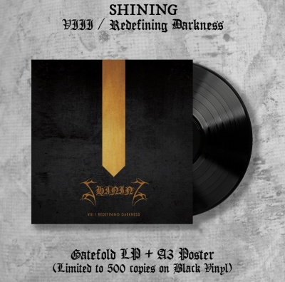 Disco de vinil preto com capa preta e dourada com texto 'SHINING VIII / REDEFINING DARKNESS'