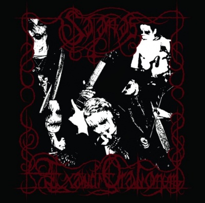 Imagem a preto com três figuras humanas em branco e preto e texto decorativo vermelho