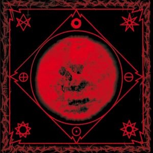 Desenho em preto e vermelho com esfera central e símbolos geométricos e místicos