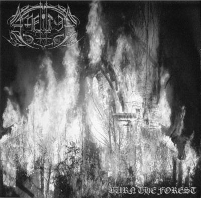 Capa de álbum musical com floresta e igreja em chamas, texto BURN THE FOREST