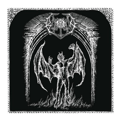 Ilustração em preto e branco de figura demoníaca com asas e chifres em chamas