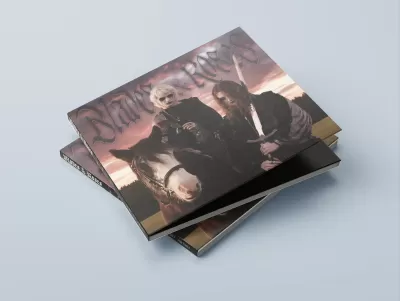 Capa de CD com pessoas góticas, cavalo e texto Blades & Roses