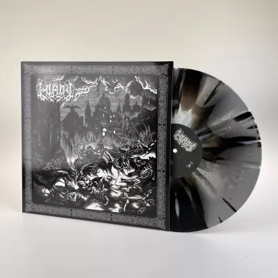 Disco de vinil preto e cinza marmoreado com capa em preto e branco com arte sombria