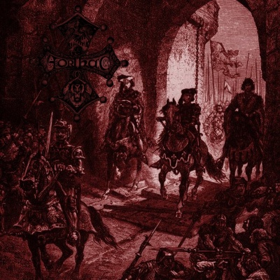 Cena medieval com cavaleiros em armaduras e soldados num castelo de pedra em tons vermelhos