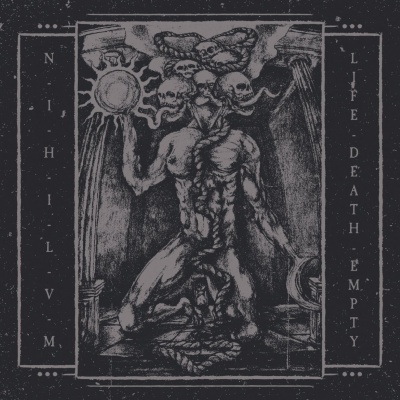 Arte macabra preta e branca com figura humana e caveiras, texto NIHILVM e LIFE DEATH EMPTY
