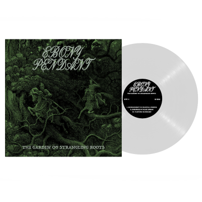 Disco de vinil transparente com capa verde escura e texto branco