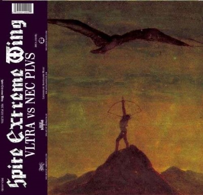 Capa de álbum de vinil com figura humana com arco no topo de montanha e águia voando, texto à esquerda