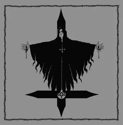 Ilustração de figura em manto negro com candelabro e pentagrama, borda de arame farpado