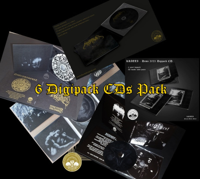 Pacote de 6Digipack CDs com design preto e dourado e imagens monocromáticas