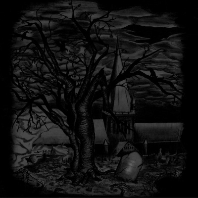 Cemitério com árvore, lápides e igreja antiga sob céu nublado em preto e branco