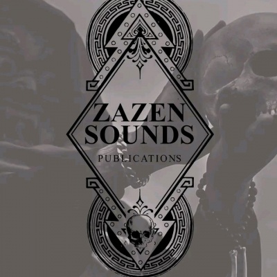 Logotipo ZAZEN SOUNDS PUBLICATIONS com fundo de crânios cinzentos