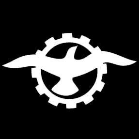 Logotipo branco de pássaro dentro de engrenagem em fundo preto