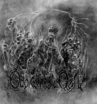 Arte monocromática com figura humana central e logo complexo preto em fundo esfumaçado