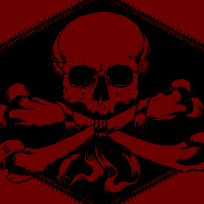 Desenho de caveira vermelha com ossos cruzados em fundo vermelho escuro