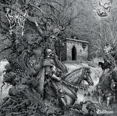 Capa de álbum monocromática com cavaleiro, cavalo, capela e árvores expressivas