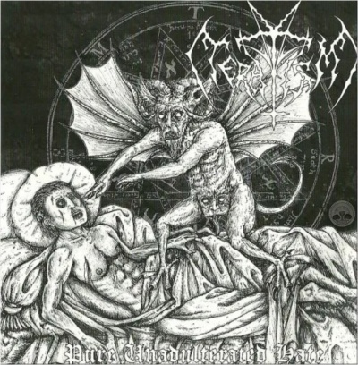 Arte preta e branca de um demónio alado a tocar uma figura humana deitada, com texto estilizado