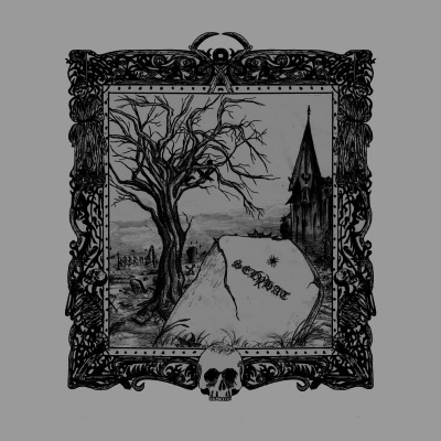 Imagem artística em moldura preta com árvore seca, lápide com 'OVERDRIVE' e igreja antiga ao fundo.