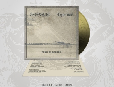 Disco de vinil dourado com capa cinzenta e papel com texto impresso