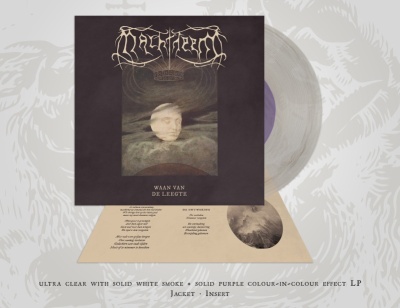 Disco de vinil LP com capa preta e inserto de papel beige com texto