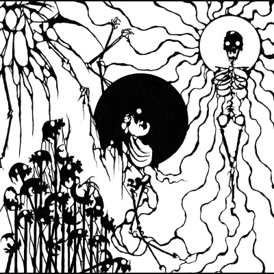 Desenho em preto e branco com esqueletos humanos e linhas ramificadas surrealistas