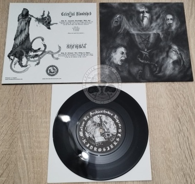 Disco de vinil preto com capa dupla e arte sombria em preto e branco