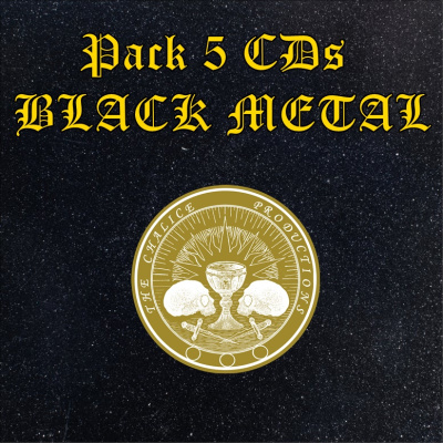 Texto promocional preto com letras douradas e logotipo circular dourado com cálice, crânios e adagas