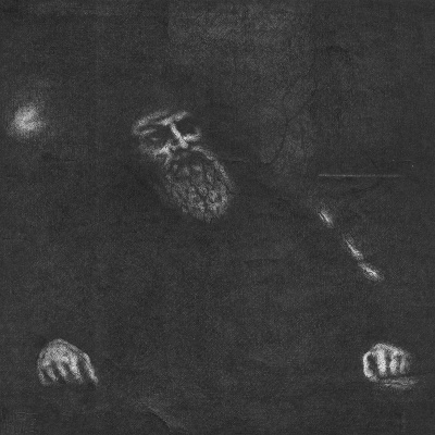 Ilustração escura e desfocada de uma figura com barba comprida