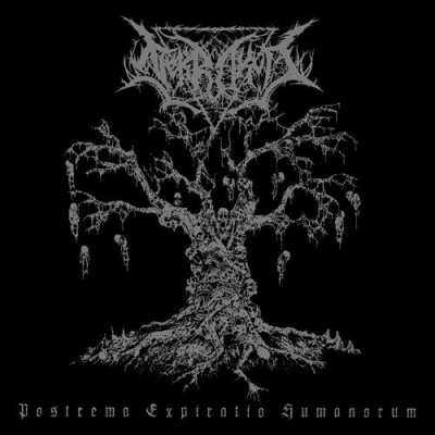 Desenho detalhado de árvore feita de corpos humanos esqueléticos em fundo preto com texto gótico.