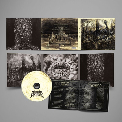 Conjunto de álbum musical com capa, disco e livreto com arte sombria e letras em francês