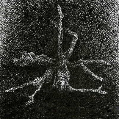 Desenho preto e branco de figura humana distorcida com múltiplos membros num fundo escuro