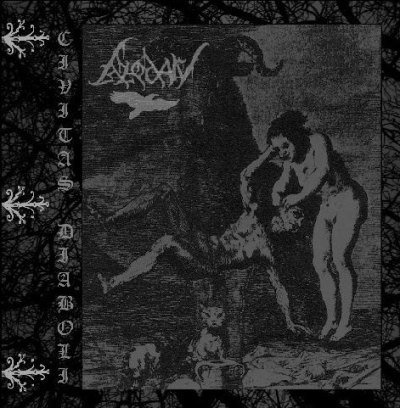 Capa de álbum musical preta e branca com ilustração de figuras humanas e um demónio