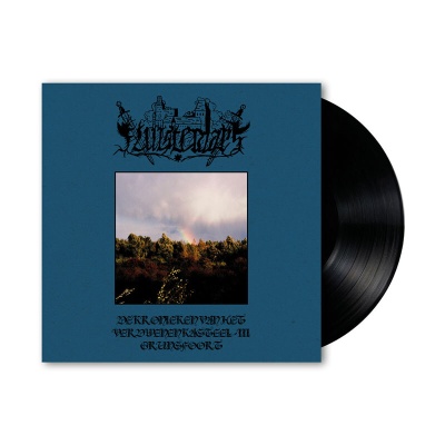 Capa de disco de vinil azul com fotografia de floresta e texto preto.