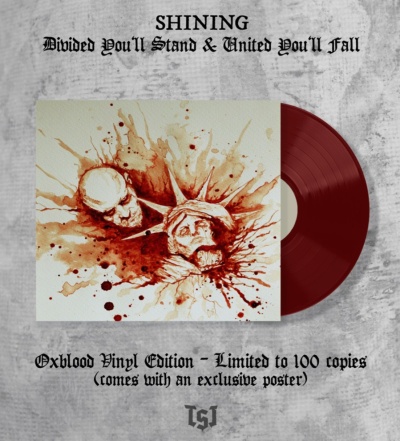 Vinil oxblood com capa ilustrada de dois crânios e sangue, texto do álbum e edição limitada