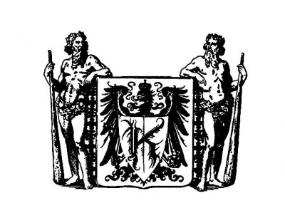 Brasão preto e branco com duas figuras masculinas e trombetas