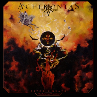 Capa de álbum com símbolos esotéricos, mão vermelha e texto ACHERONTAS e PSYCHIC DEATH