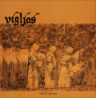 Capa de álbum laranja com figuras encapuzadas e criaturas demoníacas desenhadas à mão