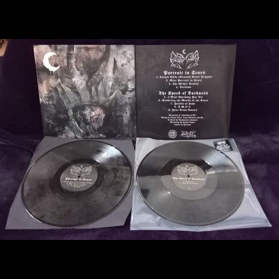 Dois discos de vinil e capas do álbum 'Portrait in Decay' da banda Darkened Nocturn Slaughtercult