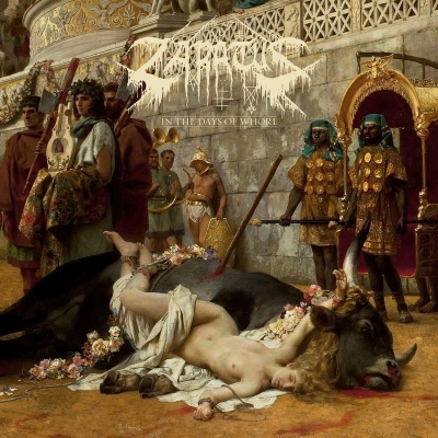 Cena histórica com pessoas vestidas com roupas antigas e figura feminina nua ao lado de touro negro