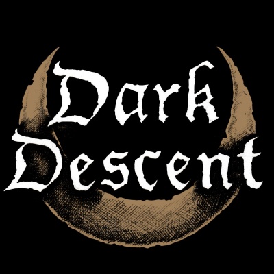 Texto 'Dark Descent' branco sobre fundo preto com forma semicircular marrom