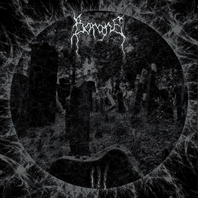 Cemitério antigo em preto e branco com logotipo e número romano III