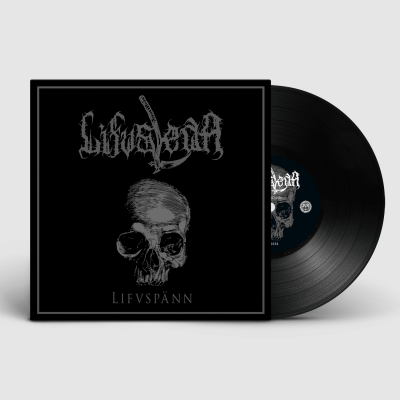Capa preta de disco de vinil com desenho de crânio e texto Livspänn