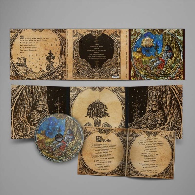 Conjunto de CD e embalagem com arte medieval em castanho, preto e azul, texto em francês.